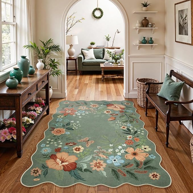 Beeiva Green Area Rug 5x7, Ultra Thin Low Pile Dining Room Rugs for Under Table, Floral Washable Large Carpet for Living Room, Playroom, Office - Green