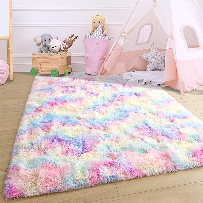 Noahas 3x5 Fluffy Pink Kids Rugs for Room,Rainbow Rug for Girls Bedroom,Soft Playroom Shag Nursery Carpets Room Decor