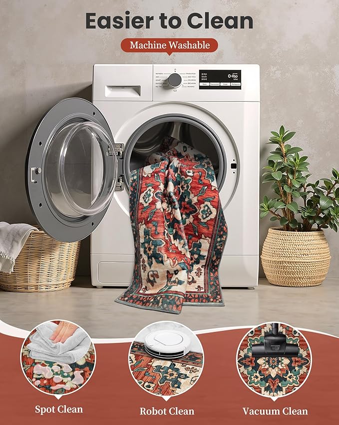 2x10 Machine Washable Non-Slip Rug & Mat - Soft Faux Wool & Polyester, Boho Stain-Resistant Indoor Carpet for Hallways, Kitchen, Entryway,Laundry, Bedroom, Bathroom, Low Pile, High Traffic