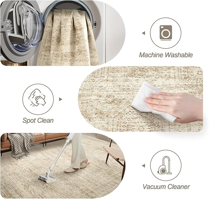 Washable Area Rug 8x10, Large Soft Rugs for Living Room Vintage Beige Carpet 8x10 Area Rugs for Bedroom Dining Room Non-Slip Stain Resistant Under Table Rug