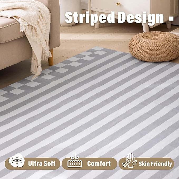 Carvapet Gray Rugs for Living Room Bedroom, Striped Low Pile Modern Carpet with Rubber Backing, Foldable, Non Slip Machine Washable (6 x 4 Feet Rectangular, Grey Area Rug)