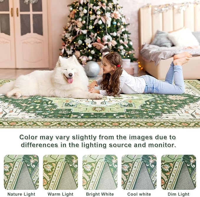 4x6 Green White Area Rug for Living Room, Machine Washable Rugs with Non-Slip Backing for Bedroom, Vintage Medallion Carpet Kitchen Laundry Kids Room Decor