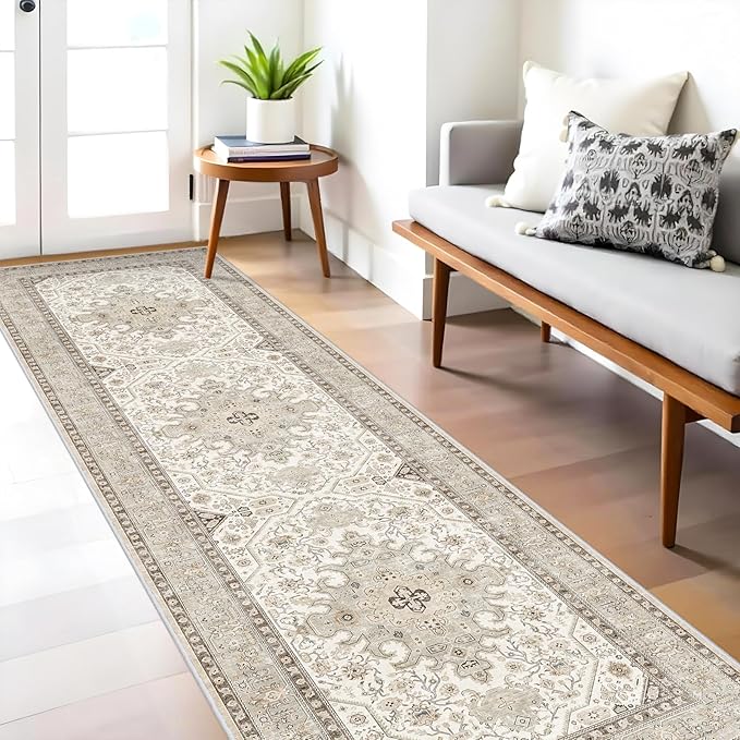 Runner Rug 3x10 - Non Slip Runners for Hallway Washable Oreiental Neutral Entryway Rugs with Rubber Backing Long Indoor Farmhouse Floor Mat Kitchen Soft Low Pile Stain Resitant Thin Carpet 3x10 Ivory