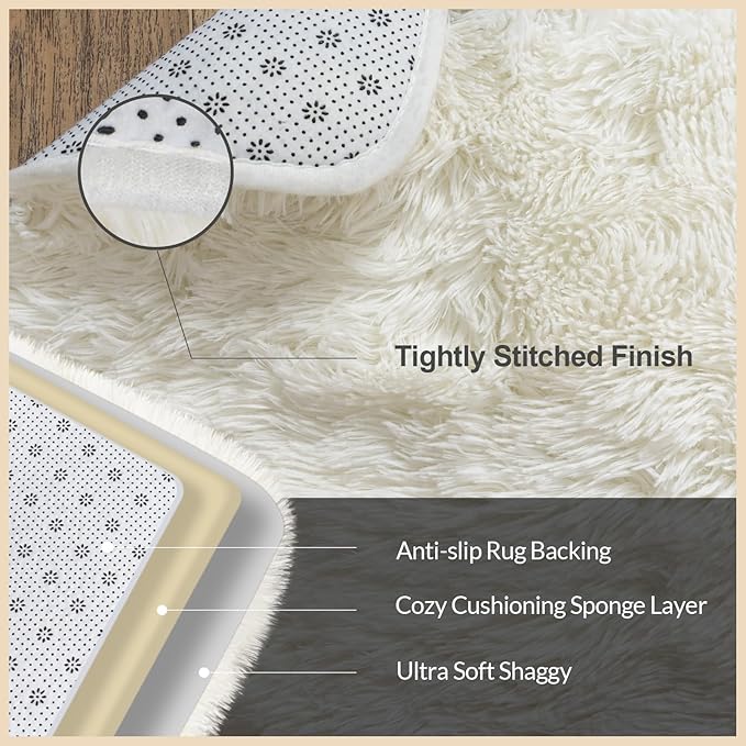 6x9 Rugs for Living Room, Large Fluffy Cream White Area Rugs for Bedroom, Soft Carpet Shag Kids Room Rug, Non-Slip Fuzzy Rugs Indoor (6ft x 9ft, Cream White)
