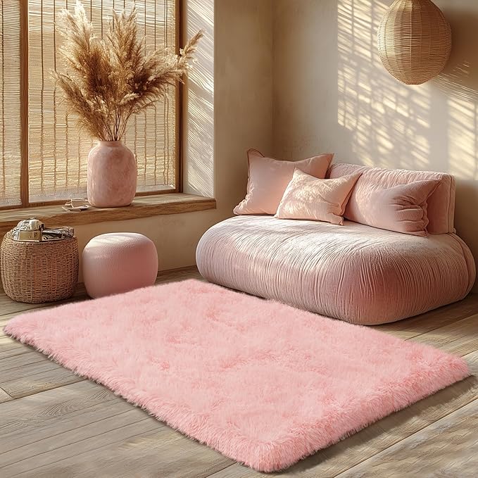 Zentavio Pink Rugs for Girls Room 3x5 Area Rugs for Living Room Small Carpet for Bedroom Cute Washable Soft Fluffy Shag Aesthetic Plush High Pile Throw Rug for Nursery Kids Room Dorm Room