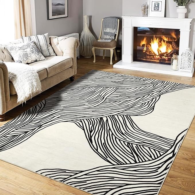 Large Area Rug 10x13 Non Slip Washable Rug Modern Abstract Area Rug for Living Room Soft Indoor Non-Shedding Carpet Low Pile Foldable Thin Rug for Bedroom Nursery Office Ivory/Black