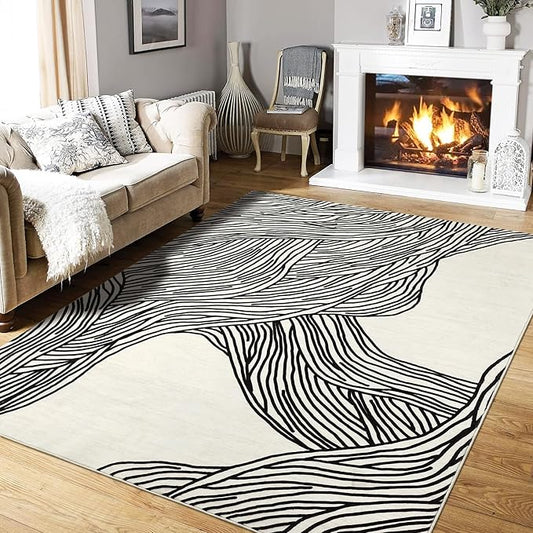 Large Area Rug 10x13 Non Slip Washable Rug Modern Abstract Area Rug for Living Room Soft Indoor Non-Shedding Carpet Low Pile Foldable Thin Rug for Bedroom Nursery Office Ivory/Black