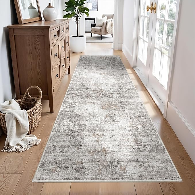 3x10 Ft Long Hallway Runner Rug - Non-Slip Washable Kitchen Runner Rug with Rubber Backing | Modern Abstract Wide Floor Carpet Runner for Indoor Entryway, Bedroom, Living Room, Beige/Grey/Brown