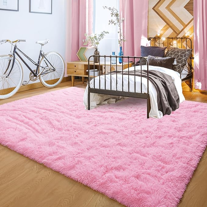 YJ.GWL Area Rugs for Living Room Bedroom, 4x6 Machine Washable Large Pink Carpet, Soft Fluffy Shaggy Thick Big Shag Indoor Floor Rug for Kids Boy and Girls Room Dorm Home Decor Aesthetic