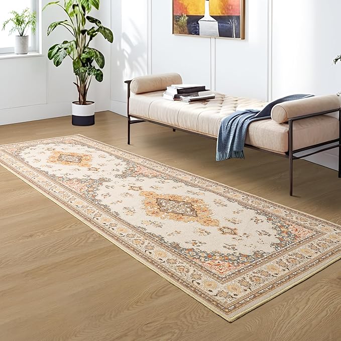 Tepook 2x6 Vintage Runner Rug - Low Pile Washable Non-Slip Carpet for Hallway, Kitchen, Bedroom, Entryway, Laundry Room, Bathroom - Indoor Throw Rug in Beige