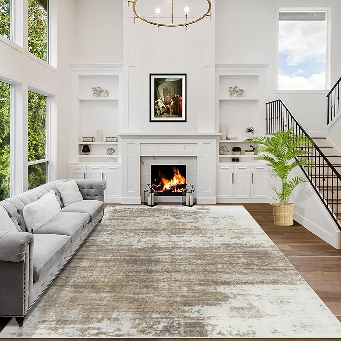 4x6 Area Rugs Washable Rug: Modern Abstract Living Room Rug Soft Anti-Skid Thin Carpet Indoor Floor Non-Shedding Carpets for Bedroom Dining Room Farmhouse Nursery Home Office - Brown White