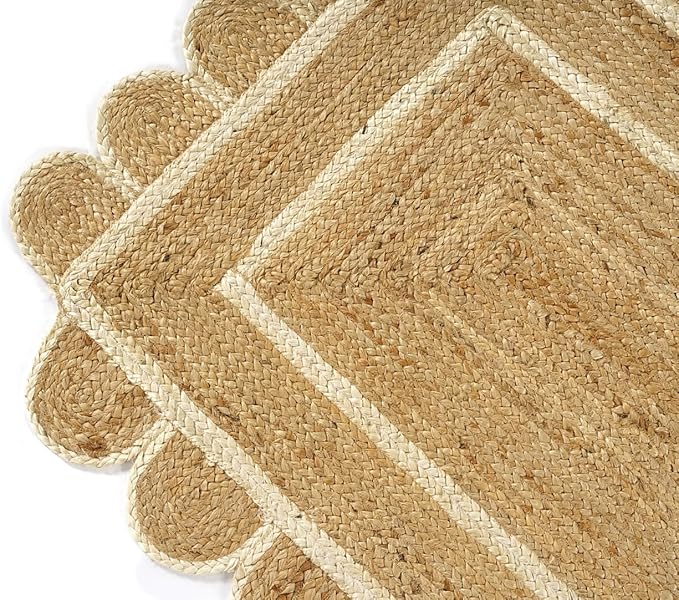 GRUHUM Scalloped Jute Area Rug 2'6"x6'ft Natural Base Off White Trim Handwoven Runner Reversible Soft Braided Farmhouse Jute Runner Rug Indoor EcoFriendly Livingroom Bedroom Kitchen Hallways Enterways