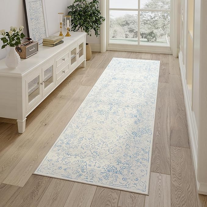 jinchan Hallway Runner Rug 2x5 Washable Kitchen Flora Faux Wool Non-Slip with Rubber Backing Soft Thin Vintage Carpet Runner for Bedroom Bathroom Laundry Room Living Room (2x5ft,Blue)