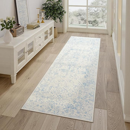 jinchan Hallway Runner Rug 2x5 Washable Kitchen Flora Faux Wool Non-Slip with Rubber Backing Soft Thin Vintage Carpet Runner for Bedroom Bathroom Laundry Room Living Room (2x5ft,Blue)
