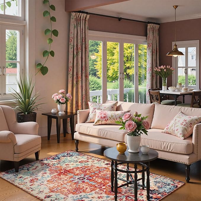 Lahome Bohemian Floral Medallion Area Rug - 4x6 Oriental Distressed Bedroom Rug Country Vintage Faux Wool Indoor Throw Mat Non-Slip Washable Low-Pile Carpet for Bathroom Living Kitchen Laundry Room