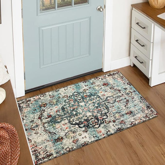Lahome Bohemian Floral Medallion Area Rug - 2x3 Vintage Teal Distressed Small Entryway Rug Turkish Doormat Faux Wool Non-Slip Washable Low-Pile Carpet for Bathroom Kitchen Laundry Room Decor