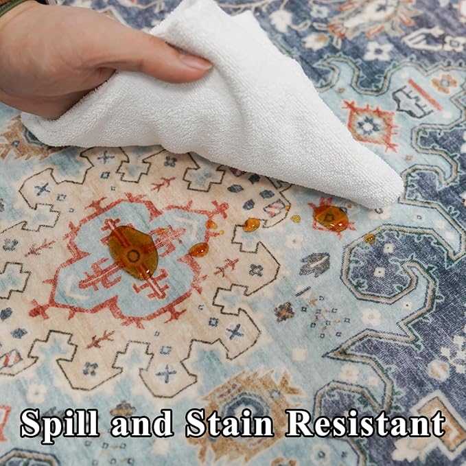 3x10 Non Slip Runner Rug - Oriental Washable Carpet with Rubber Backing for High Traffic Areas - Low Pile Farmhouse Entryway Mat - 3'x10' Blue/Beige/Multi