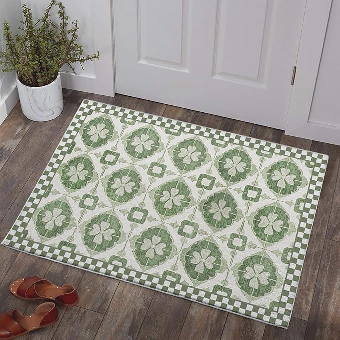 Bathroom Mat Four Leaf Clover Botanical Rugs Sage Green Leaf Modern Machine Washable Soft Plush Rug Carpet Non Slip Area Rug for Entryway Kitchen Living Room Bedroom Dining Room Home 20x31.5 Inch