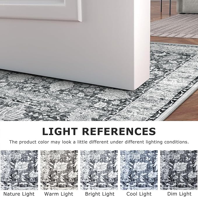 Small 2x3 Throw Rug - Vintage Moroccan Floral, Machine Washable, Low Pile Non Slip Entryway Rug for Kitchen, Bedroom, Laundry Room, Grey