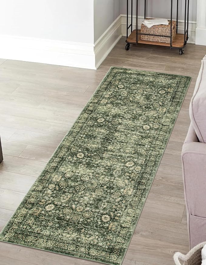 Morebes Vintage Washable Kitchen Rugs Non Slip,2x6 Runners for Hallways,Floral Boho Bathroom Runner Rug,Non Shedding Soft Throw Carpet for Laundry Floor Indoor, Grayish Green