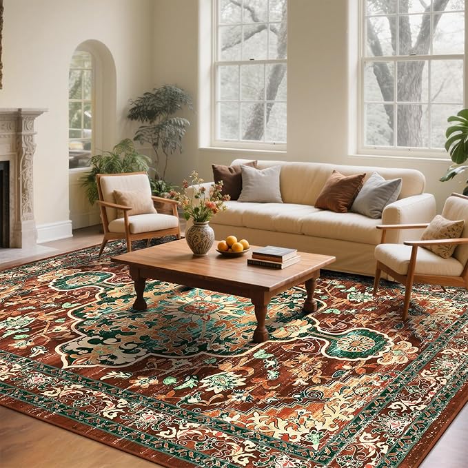 U'Artlines Boho Vintage Area Rug 9x12 ft Machine Washable Low Pile Soft Floor Carpet Non Slip Non Shedding Accent Rug for Living Room Bedroom Entryway Dining Room Office Rust＆Teal