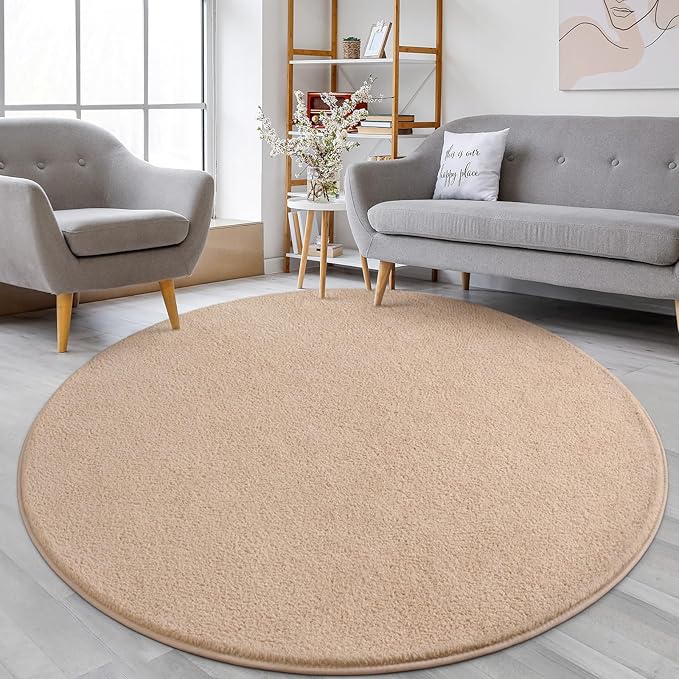 Lascpt Round Rug for Bedroom 5x5, Beige Circle Rug for Living Room Super Soft Thicken Memory Foam Circular Rug, Non-Slip Indoor Area Rug for Modern Home Decor, Round Carpet for Nursery Kid's Room