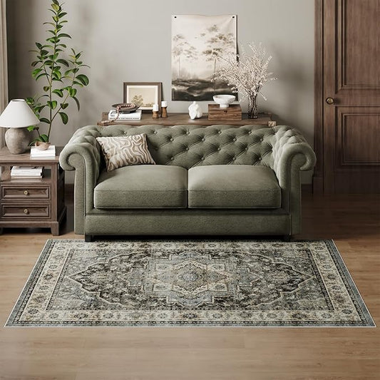 Dripex 4x6 Area Rugs, Machine Washable Non Slip Boho Rugs,Distressed Bedroom Rug, No Pile Lightweight Vintage Rug, Floor Carpet for Living Room,Dining Room and Office,Dark Blue and Green