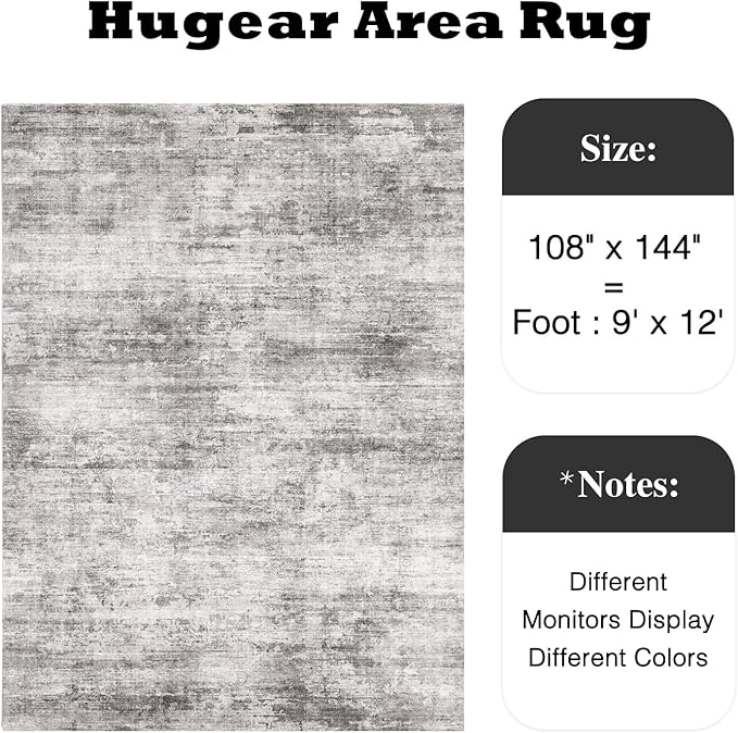 9x12 Machine Washable Rugs Gray Hallway Large Area Rug Indoor Accent Rug Abstract Low Pile Carpet Distressed Throw Aesthetic Rug Bedroom Living Room Office Dining Room Kitchen Laundry Room