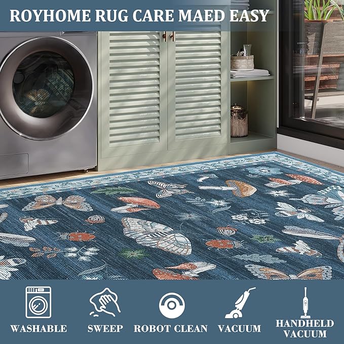 2.5x10 Runner Rug for Hallway Washable Kitchen Rugs Non Slip with Rubber Back Mushroom Soft Low-Pile Stain Resistant Foldable Indoor Carpet for Entryway Laundry Room Floor Mats Blue