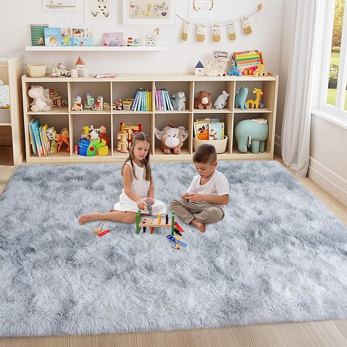 5x7 Shaggy Rugs for Living Room, Tie-Dyed Light Grey Fluffy Area Rug for Bedroom, Soft Plush Shag Carpet for Kids Room, Indoor Non-Slip Fuzzy Rug