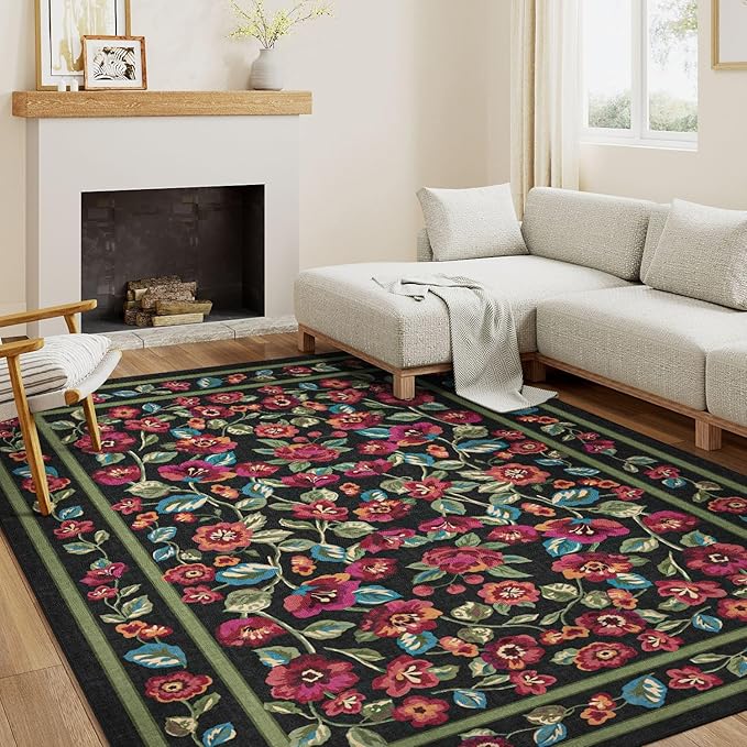 Black Area Rug 6x9 Washable Living Room Non Slip Bedroom Soft Floral Indoor Carpet Vintage Low Pile Accent Throw Rug for Office Dining Room Nursery Farmhouse