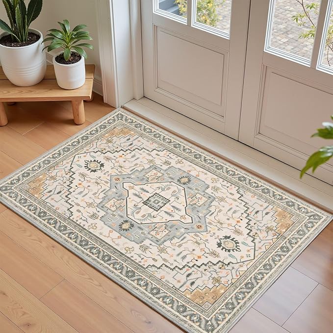 2x3 Grey Beige Small Area Rug for Entryway, Soft Washable Rugs with Non-Slip Backing for Bedroom Kitchen, Vintage Throw Carpet Laundry Entry Front Door Decor