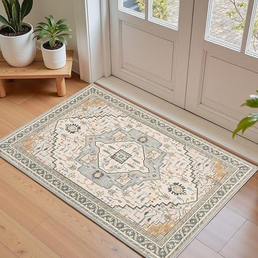 2x3 Grey Beige Small Area Rug for Entryway, Soft Washable Rugs with Non-Slip Backing for Bedroom Kitchen, Vintage Throw Carpet Laundry Entry Front Door Decor