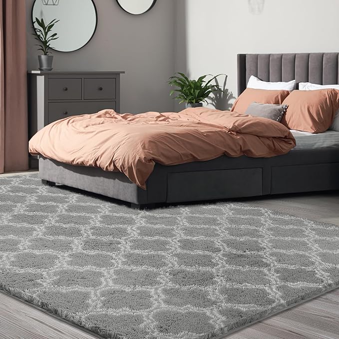 4x5.8 Plush Area Rug, High Pile Rugs for Living Room, Ultra Soft Indoor Carpet for Bedroom, Kids Room, Playroom, Home Decor, Geometric, Light Grey/White