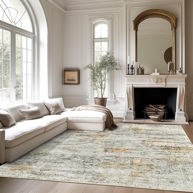 10x14 Area Rugs for Living Room, Non Slip Machine Washable Vintage Rugs, Low Pile Lightweight Large Rug for Bedroom, Dining Room, Home Office Gray Rust