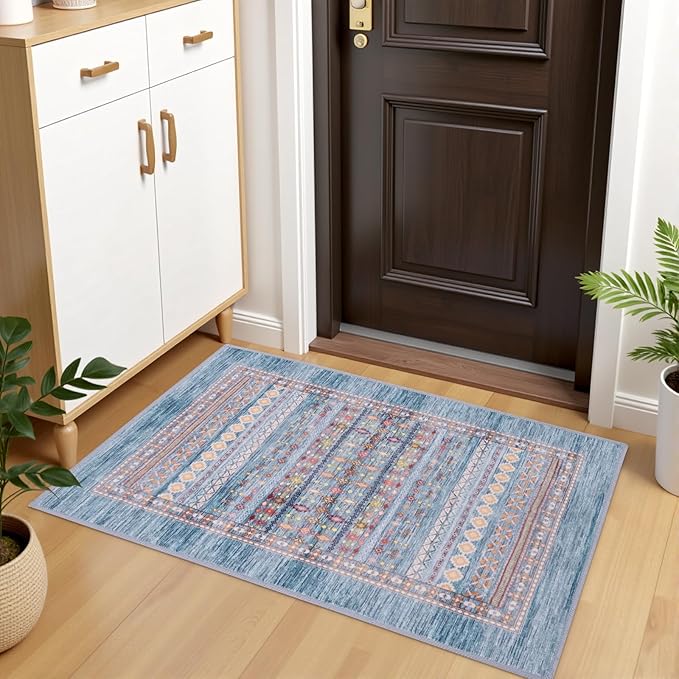 2x3 Small Rugs for Bedroom, Washable Aztec Geometric Indoor Entryway Door Rug with Non-Slip Backing, Soft Moroccan Throw Rug Western Carpet for Kitchen Home Office, Blue & Beige