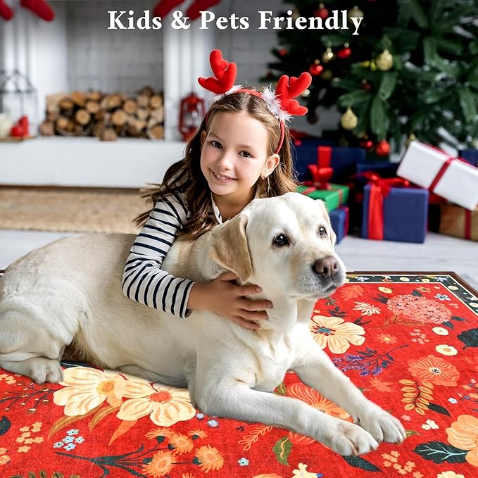 2x3 Small Floral Rug for Entryway, Flowers Printed Washable Rugs with Non Slip Backing for Girls Bedroom Kitchen, Cute Throw Carpet Front Door Entry Decor, Red