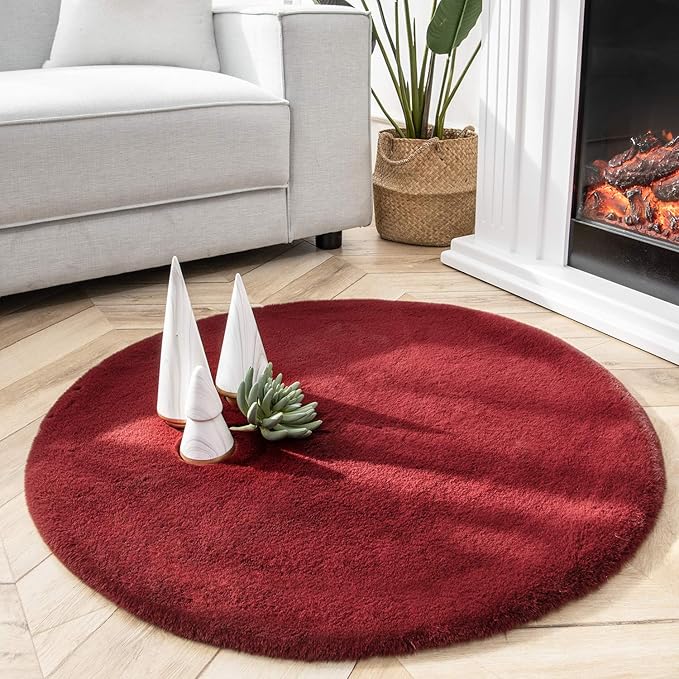 Ashler Faux Fur Rug, Ultra Soft Faux Rabbit Fur, Red Area Rugs, 3 x 3 Feet Round, Machine Washable Nursery Decor Throw Rugs for Bedroom, Kids Room, Living Room