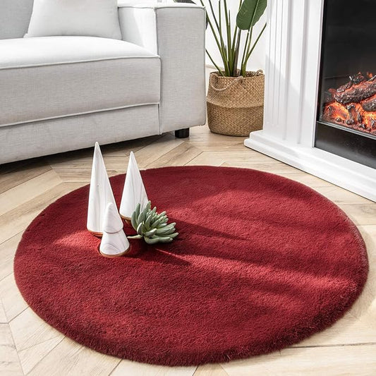 Ashler Faux Fur Rug, Ultra Soft Faux Rabbit Fur, Red Area Rugs, 3 x 3 Feet Round, Machine Washable Nursery Decor Throw Rugs for Bedroom, Kids Room, Living Room