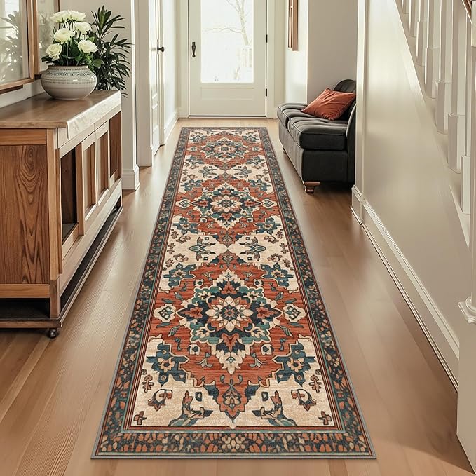 2x8 Machine Washable Non-Slip Rug & Mat - Soft Faux Wool & Polyester, Boho Stain-Resistant Indoor Carpet for Bathroom, Hallway, Kitchen, Entryway, Laundry, Living Room, Low Pile, High Traffic