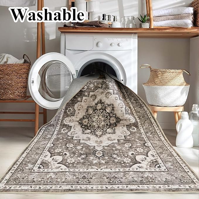 Washable Hallway Runner Rug 2x6: Oriental Non-Slip Kitchen Rugs Distressed Low Pile Indoor Rug for Bedroom Entryway Vintage Soft Non Shedding Floor Mat for Living Room Bathroom Laundry (2x6,Brown)
