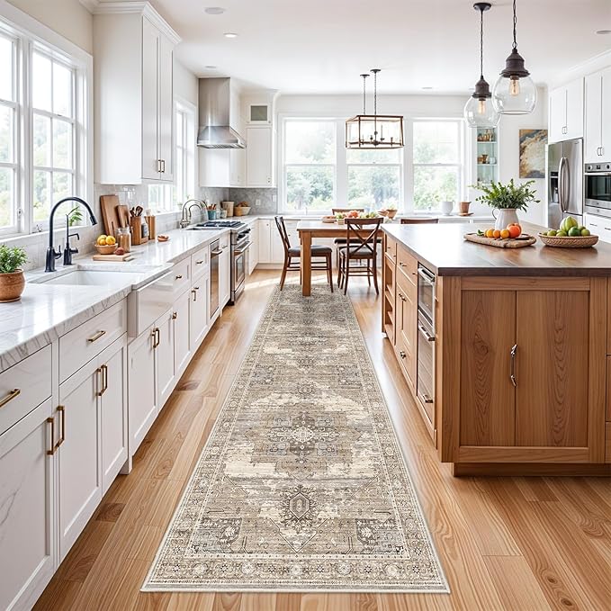 RUUGME Washable 3X12 Runner Rugs - Large Boho Rugs for Living Room Stain Resistant Carpet Vintage Tribal Rugs for Bedroom Kitchen Bathroom Non Slip Backing Home Decor Floor Decoration Mat 3X12 Beige