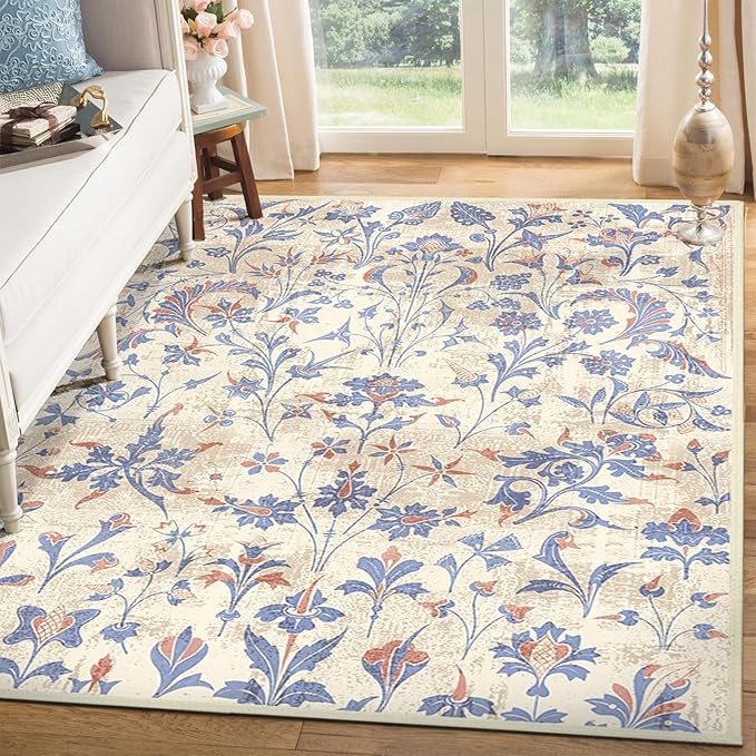 Washable Area Rugs 5'x7' Living Room, Non Slip Floral Vintage Low Pile Large Rugs for Living Room Stain Resistant for TribalBedroom, Farmhouse, Dining Room, Kids Playroom