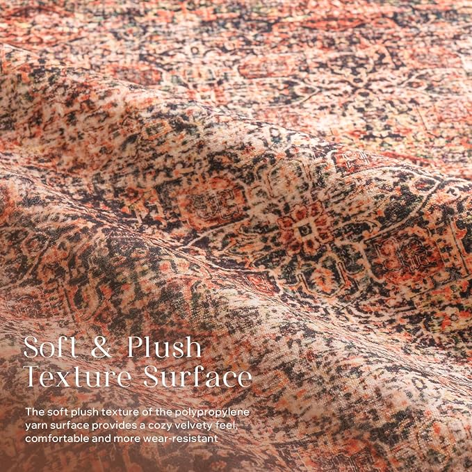 Phantoscope Hallway Runner Rug 2'x6' - Boho Washable Non-Slip Kitchen Rug Runner, Ultra-Thin Vintage Distressed Accent Throw R UG for Entryway Laundry Bathroom Bedroom, Brick Red/Black