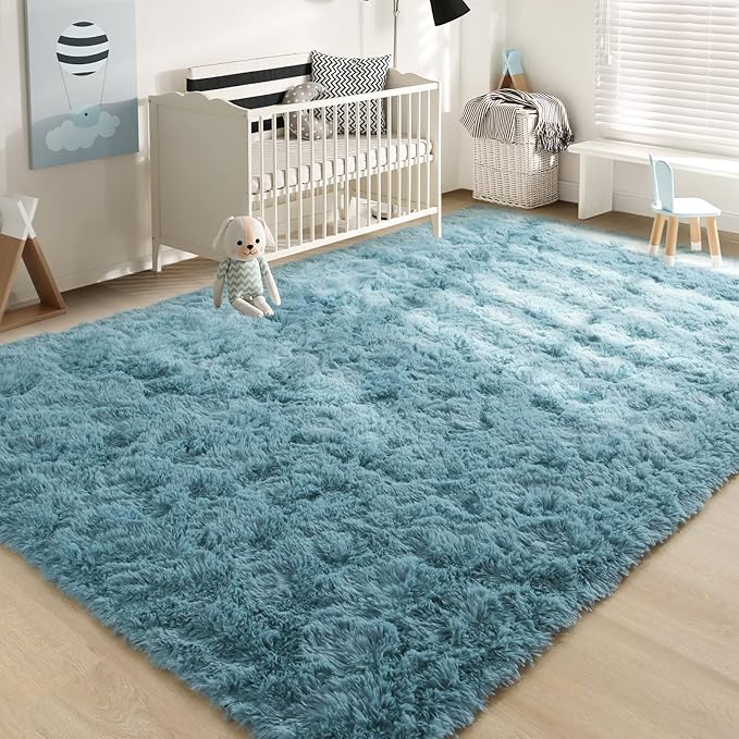 YJ.GWL Area Rugs for Living Room Bedroom, 5x8 Machine Washable Large Teal Carpet, Soft Fluffy Shaggy Thick Big Shag Indoor Floor Rug for Kids Boy and Girls Room Dorm Home Decor Aesthetic