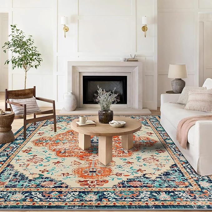 U'Artlines Boho Vintage Area Rug 8x10 Machine Washable Low Pile Soft Floor Carpet Non Slip Non Shedding Accent Rug for Living Room Bedroom Entryway Dining Room Office Orange/Multi