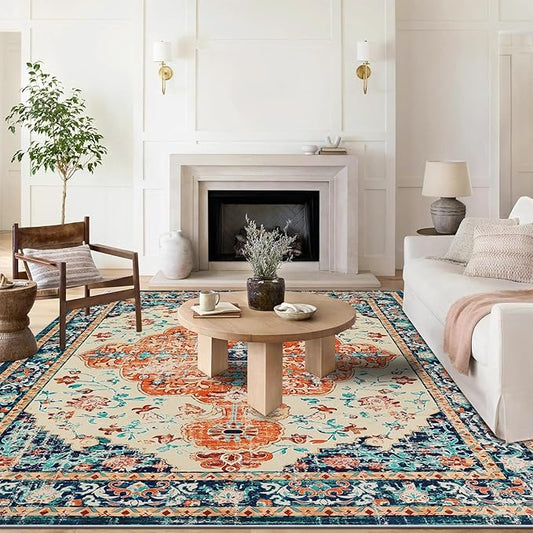 U'Artlines Boho Vintage Area Rug 8x10 Machine Washable Low Pile Soft Floor Carpet Non Slip Non Shedding Accent Rug for Living Room Bedroom Entryway Dining Room Office Orange/Multi