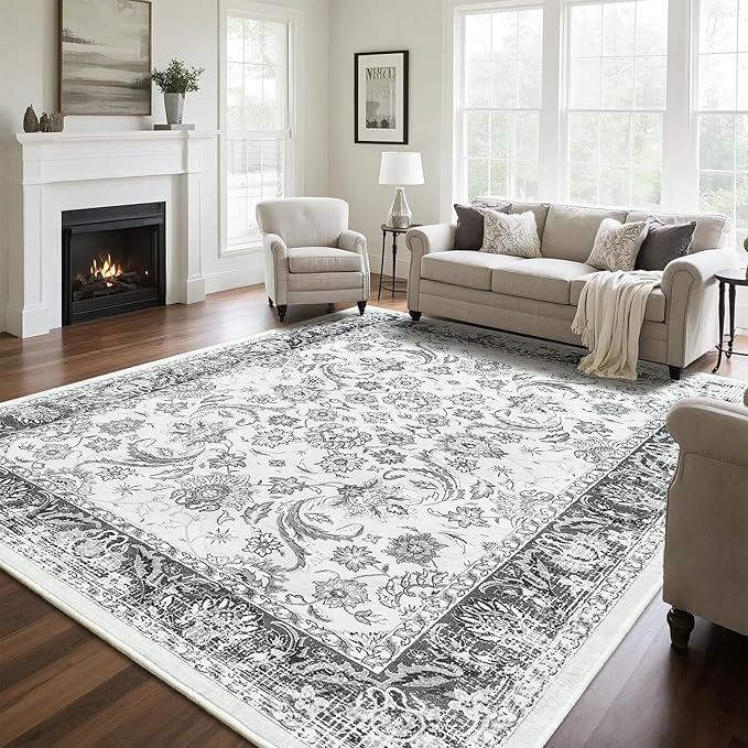 Area Rugs for Living Room, Washable 5x7 Area Rug for Bedroom, Floral Non-Slip Carpet for Nursery Home Office Dining Room Kitchen, Grey and White