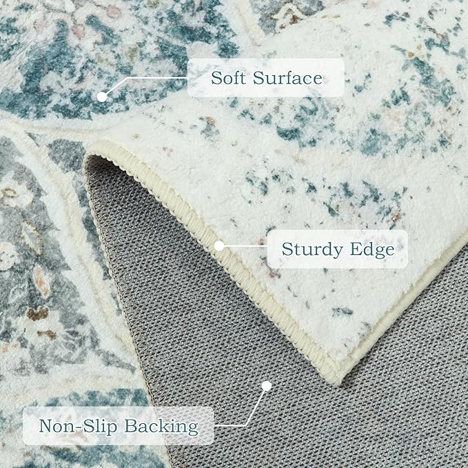 LIVEBOX Entryway Rug 3x5 Washable Area Rugs for Kitchen Bathroom, Boho Non-Slip Front Door Mat for Bedroom, Moroccan Low-Pile Carpet Throw Indoor Mats for Bath Laundry Room, Grey/Blue