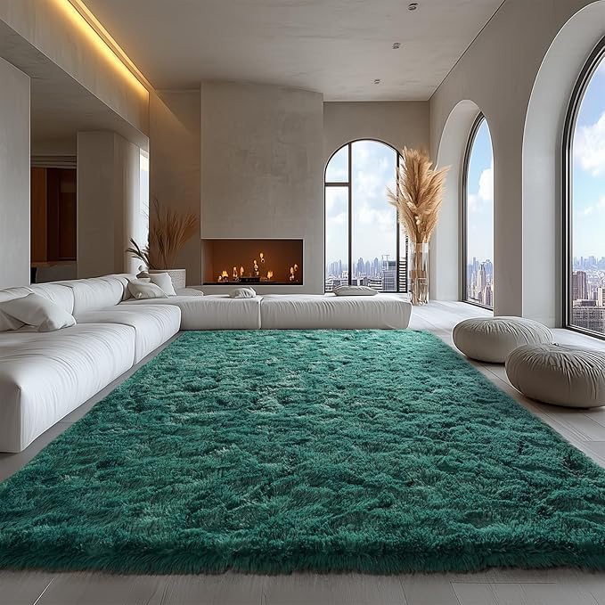 Zentavio Dark Green Area Rugs for Living Room Emerald Green Rugs for Bedroom 9x12 Fluffy Fake Grass Large Carpet for Kids Room Playroom Furry Shag Aesthetic Soft High Pile Washable Home Decor
